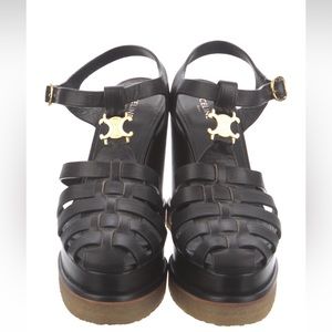 Celine triomphe black leather wedge sandals